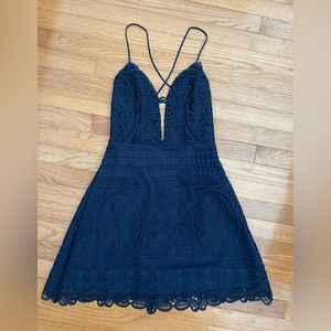 Lovers + Friends deep plunge navy blue lace pattern dress